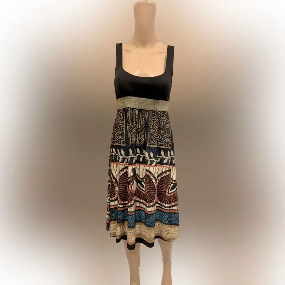 Purple Rain Strap black batik themed dress Sz M gold band